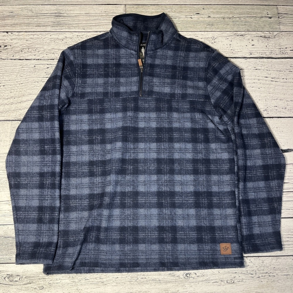 John Wayne Stock & Supply Plaid Fleece‎ Pull over 1/4 Zip Sz Medium Blue